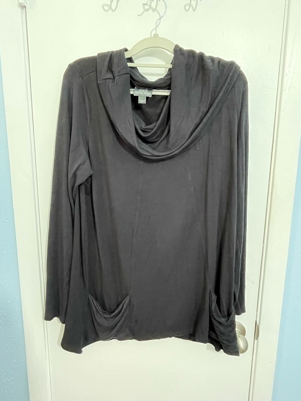 Nomadic Traders Tunic Sweater Large Black Cowl Neck Minimalist Lagenlook Cozy